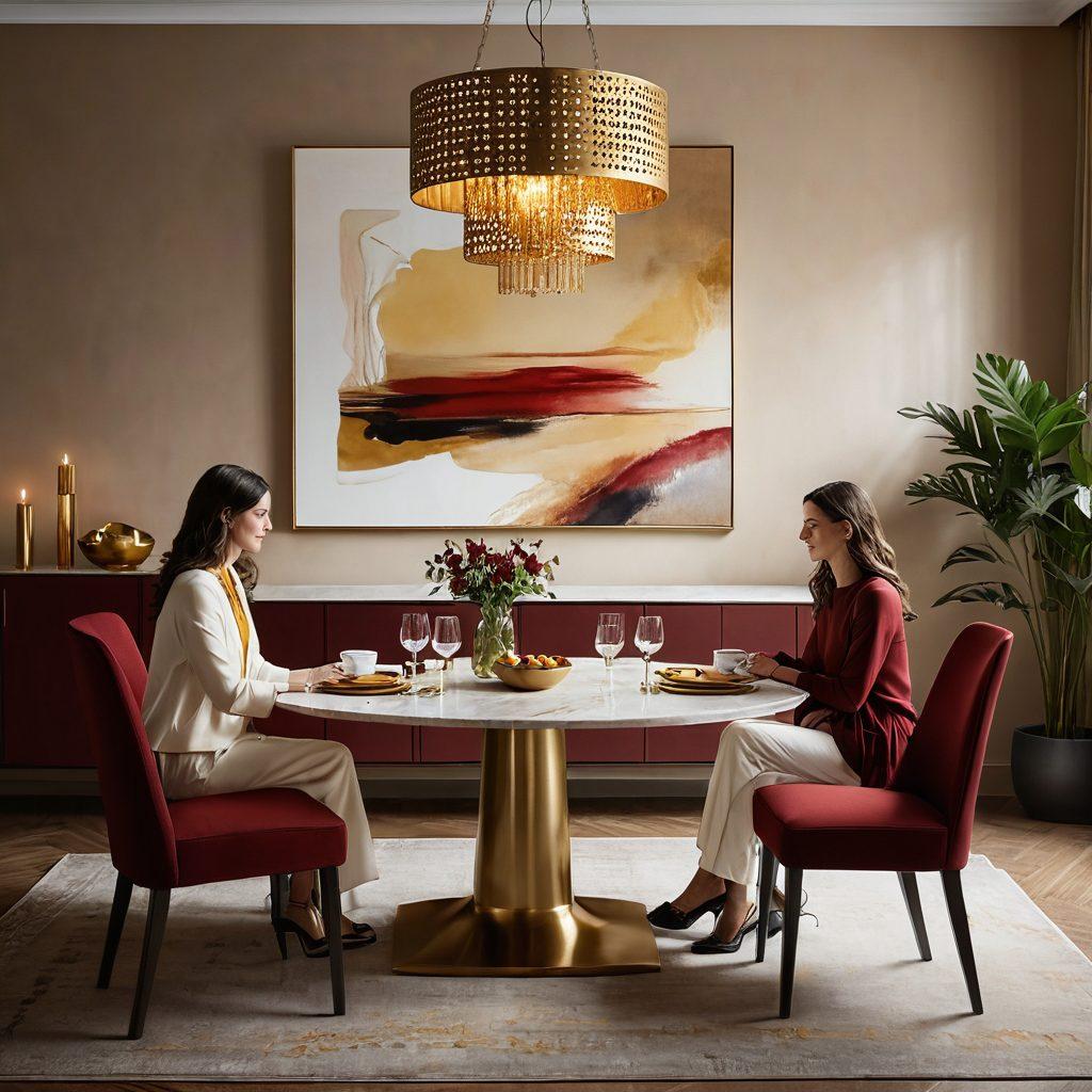 A beautifully set dining table displaying elegant tableware, symbolizing togetherness, with a couple engaged in a deep conversation. Surround the scene with subtle design elements that hint at insurance, such as a soft, flowing graphical pattern resembling a safety net. Warm, inviting colors to create a cozy atmosphere. super-realistic. vibrant colors.