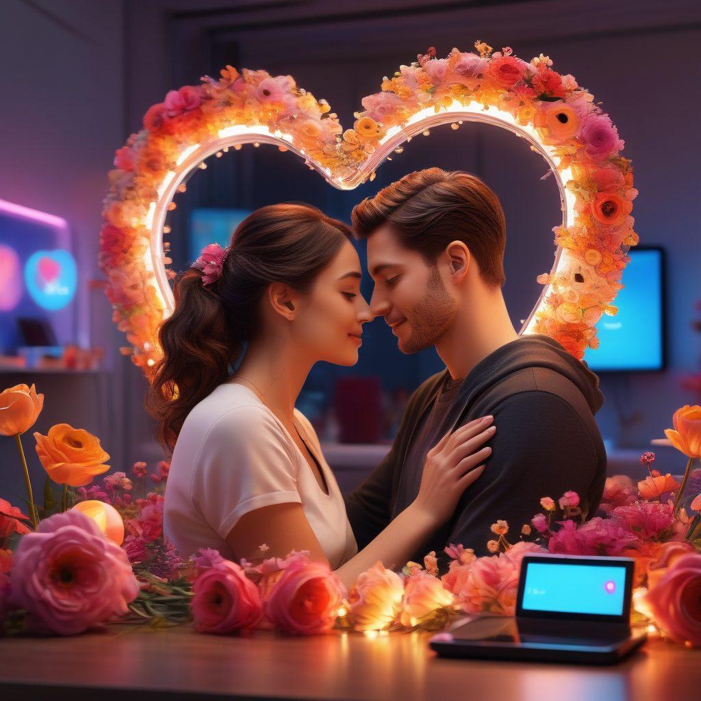A contemporary couple engaging in a heartwarming moment, surrounded by futuristic gadgets that symbolize modern love solutions – think smart devices and apps. Incorporate elements like a glowing digital heart in the background and tech-inspired flowers to signify innovation in affection. Bright and optimistic color palette to reflect a positive vibe of modern romance. super-realistic. vibrant colors. 3D.