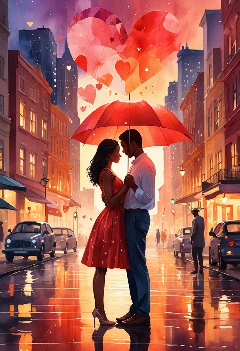 A romantic scene featuring a diverse couple holding hands under a heart-shaped umbrella, symbolizing protection and love. In the background, a vibrant city skyline represents innovation, while subtle illustrations of policy documents and hearts float around them. Soft, warm lighting enhances the affectionate atmosphere. dreamy, watercolor style. high contrast colors.